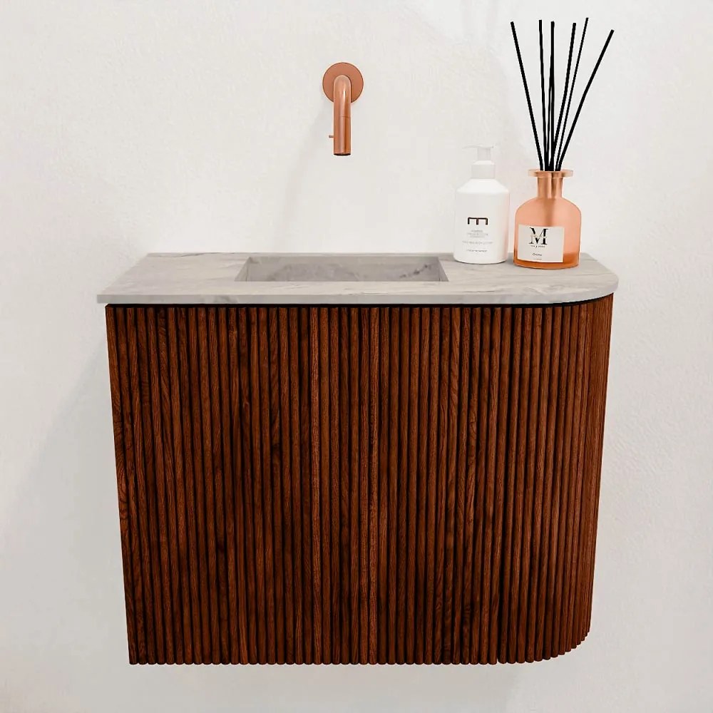 Mondiaz Joya DLux 50cm toiletmeubel ronding rechts ruby met wastafel faye links zonder kraangat glace