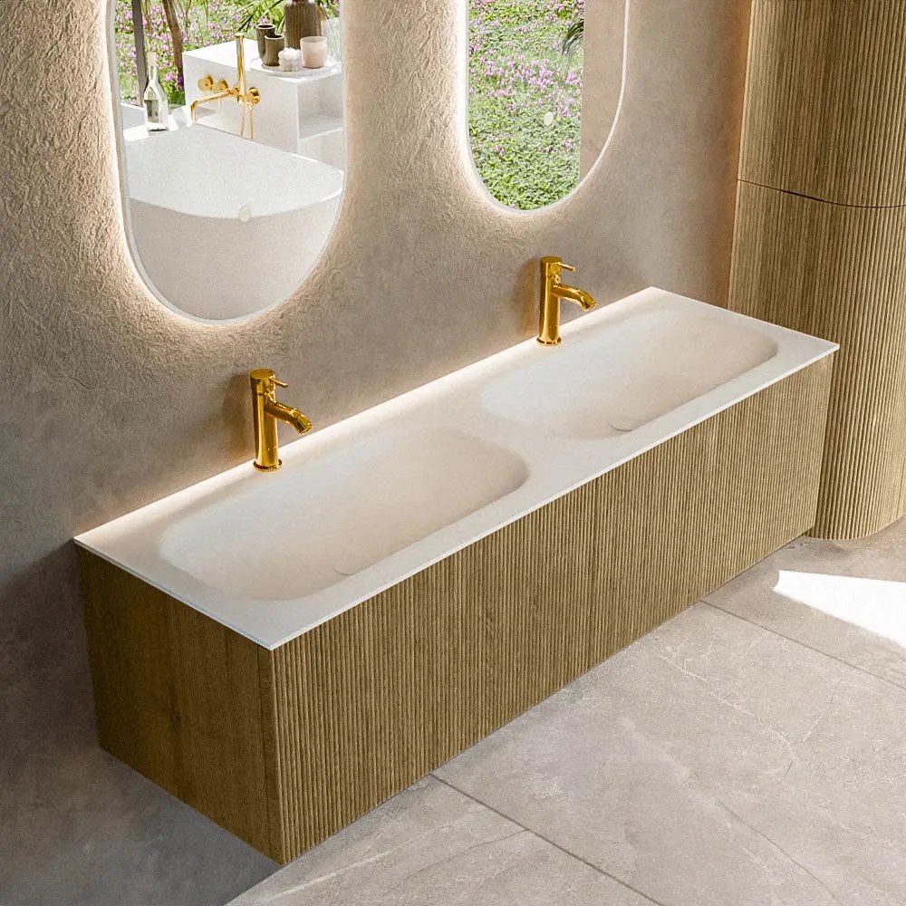 Mondiaz Kurve 150cm badmeubel dusk met 2 lades en wastafel big small dubbel 2 kraangaten