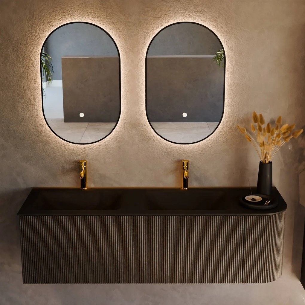 Mondiaz Kurve 145cm badmeubel ronding rechts shadow met 1 lade en deur en wastafel cloud dubbel/links 2 kraangaten urban