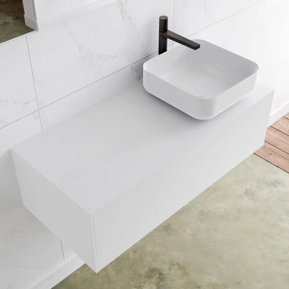 Zaro Lagom volledig naadloos solid surface onderkast met topblad 100cm mat wit met 1 lades Push tot open. Compleet met solid surface opzetkom met 1 kraangat(en)