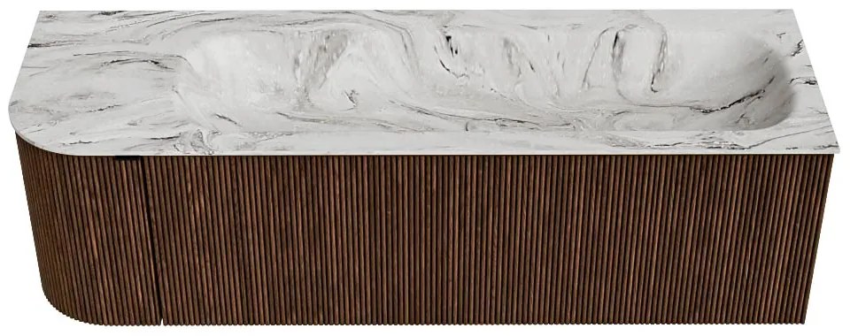 Mondiaz Kurve-dlux 145cm badmeubel ronding links walnut met 1 lade en deur en wastafel big large rechts zonder kraangat glace