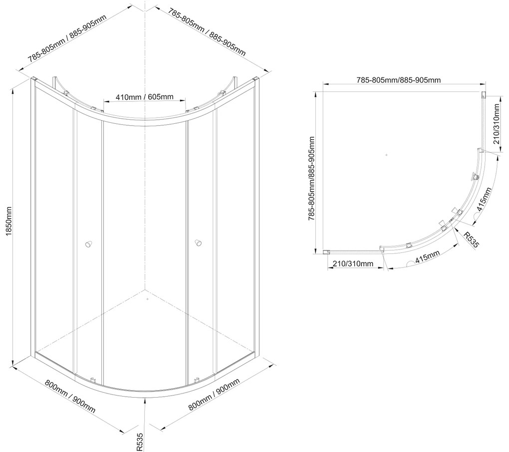 Aqualine Arleta kwartronde douchecabine 80x80cm chroom