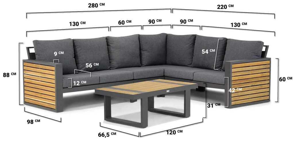 Hoek loungeset 6 personen Aluminium/teak Grijs Lifestyle Garden Furniture Verona/Marietta