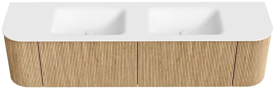 Mondiaz Kurve 180cm badmeubel ronding links/rechts oak met 2 lades en deuren en wastafel cloud dubbel 2 kraangaten
