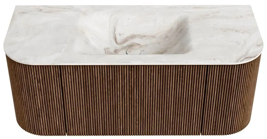 Mondiaz Kurve-dlux 110cm badmeubel ronding links/rechts walnut met 1 lade en 2 deuren en wastafel cloud midden zonder kraangat frappe