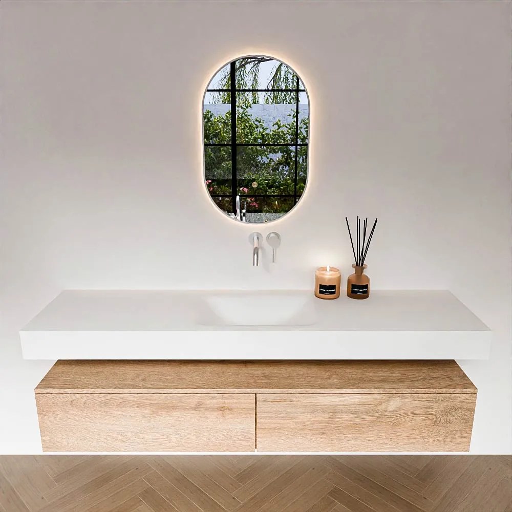 Zaro Alan badmeubel 180cm washed oak 2 lades met vrijhangende wastafel cloud midden zonder kraangat talc