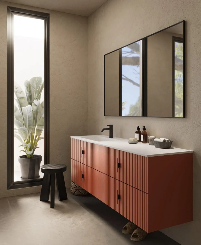 Muebles Avila badmeubel ribbelfront 160cm terracotta met wastafel links met kraangat