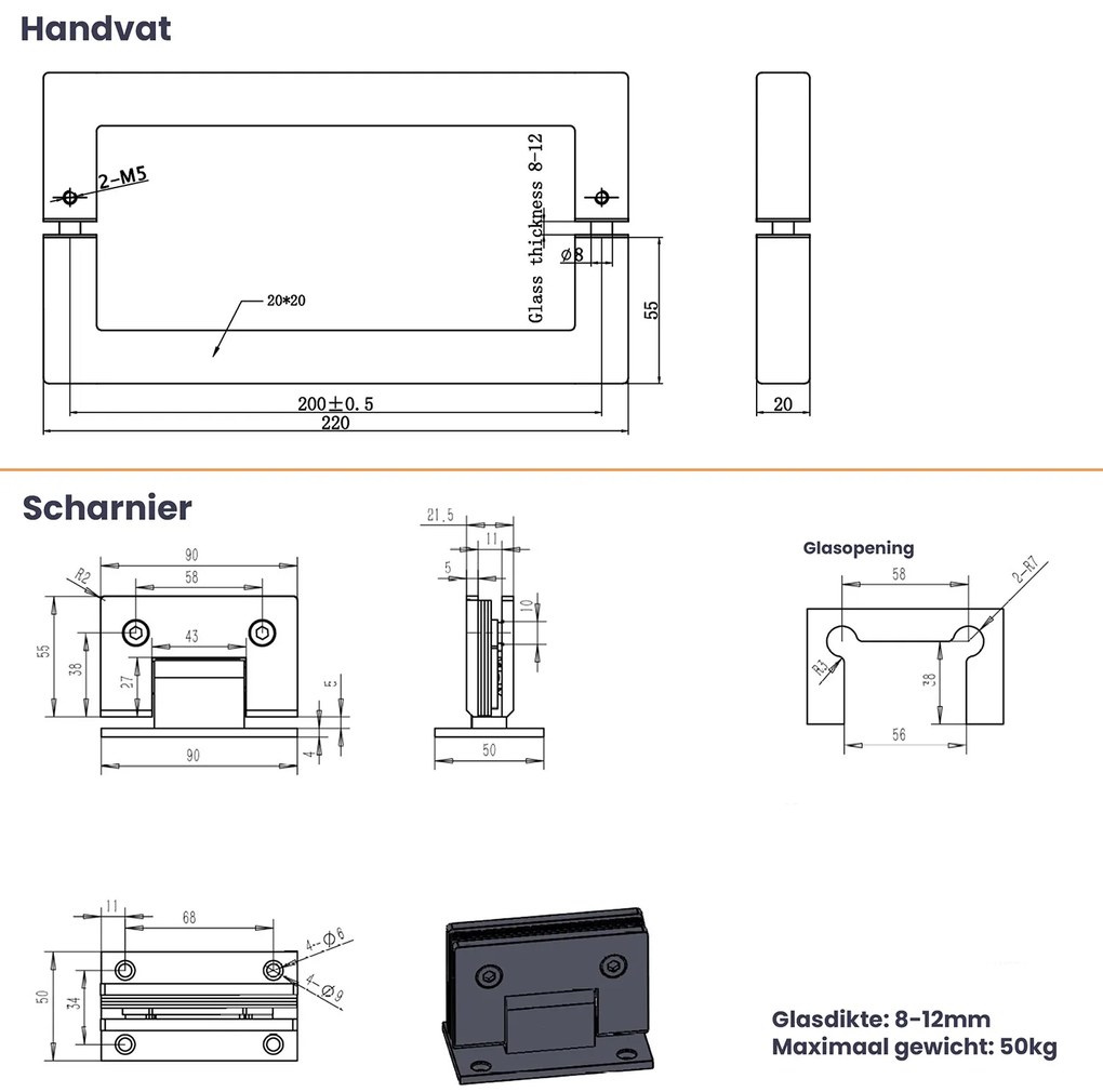 Saniclear Modern brons glas douchedeur profielloos 70x200cm rvs