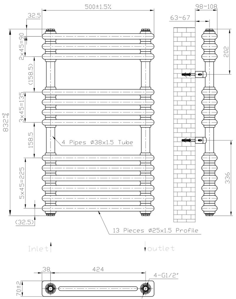 Eastbrook Imperia 2 koloms handdoekradiator 50x85cm 650W antraciet