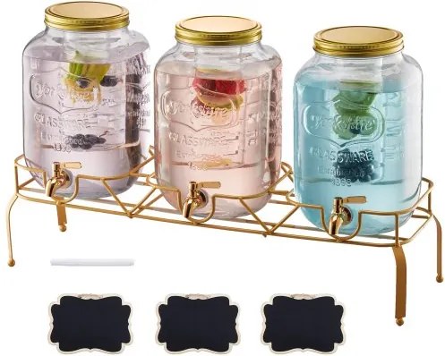 VEVOR Drankdispenser (3 x 8 L) voor Feesten Sapdispenser (gemaakt van glas) met druppelvrije kraan en metalen standaard Waterdispenser voor restaurants, feesten, limonade, ijsthee, zelfgemaakte drankdispenser