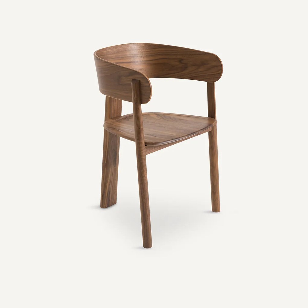 Tafelstoel, notenhout en fineer, 3 poten, MARAIS, ontwerp Emmanuel Gallina