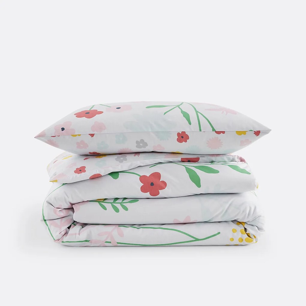 Katoenen bedset voor kinderen, vierkante kussensloop, Fleurs
