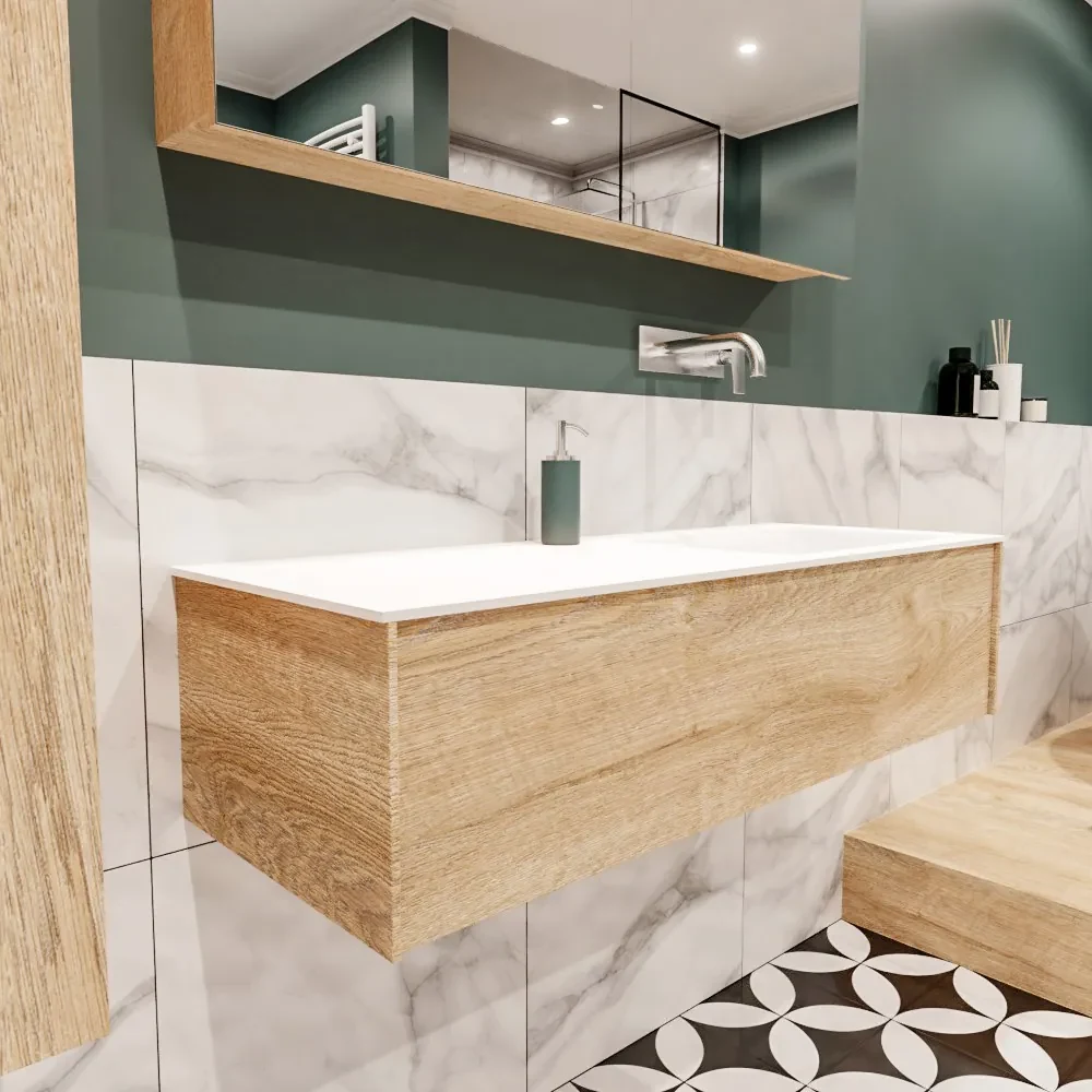 Lush onderkast 120cm in kleur WASHED OAK met 1 lade Push tot open geschikt voor rechtse wastafel. Compleet met solid surface wastafel cloud M35164met 0 kraangat(en)