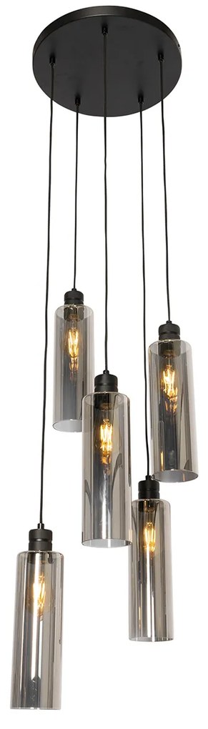 Smart hanglamp zwart met smoke glas incl. 5 Wifi A60 - Stavelot