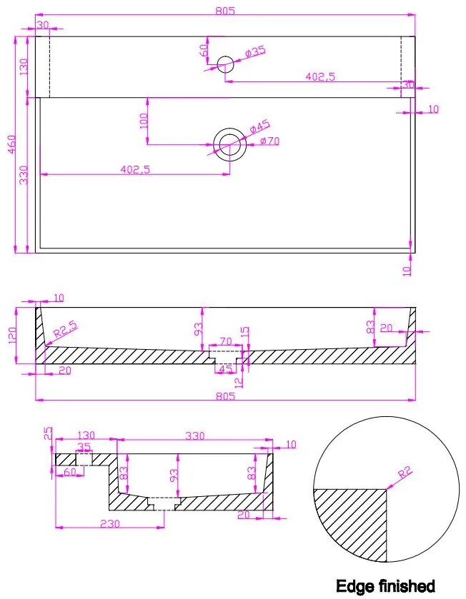 Saniclear Dark Emperador marmeren wastafel 80x46cm met kraangat