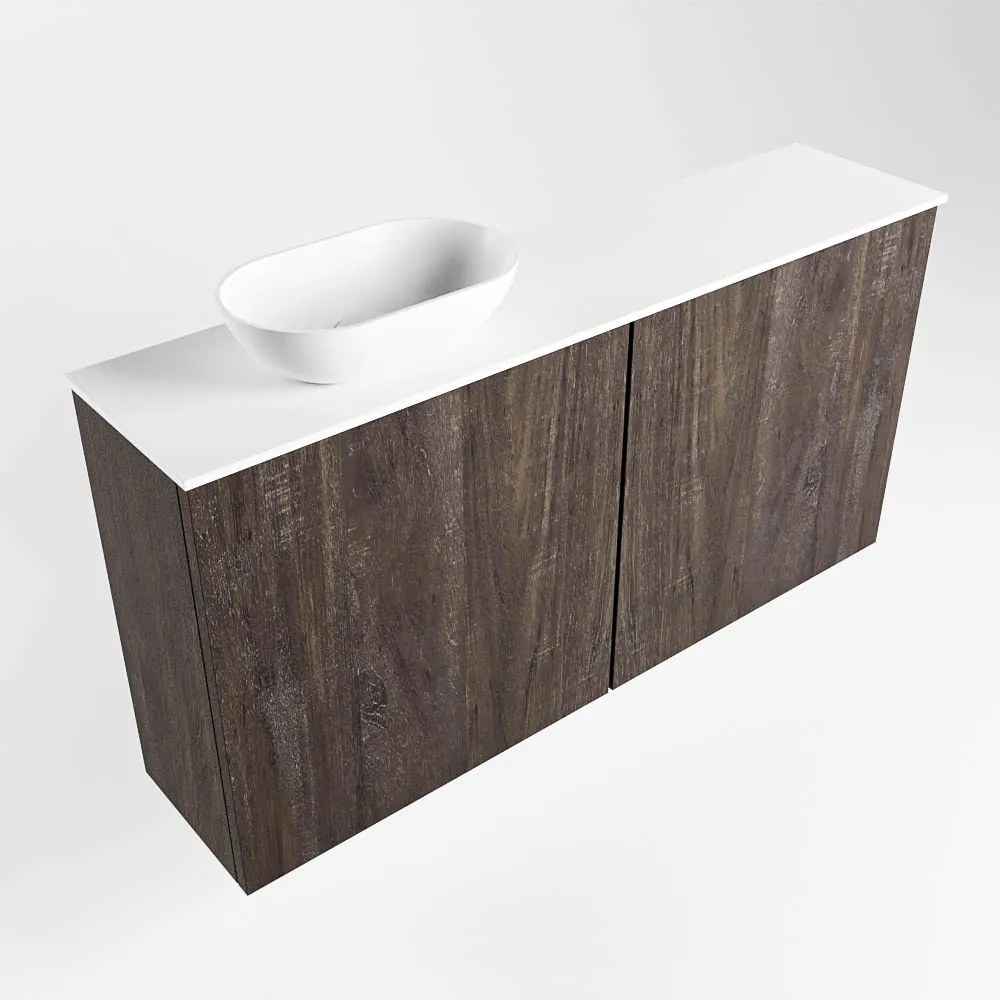 Mondiaz Fowy toiletmeubel 100cm dark brown met witte waskom links en kraangat