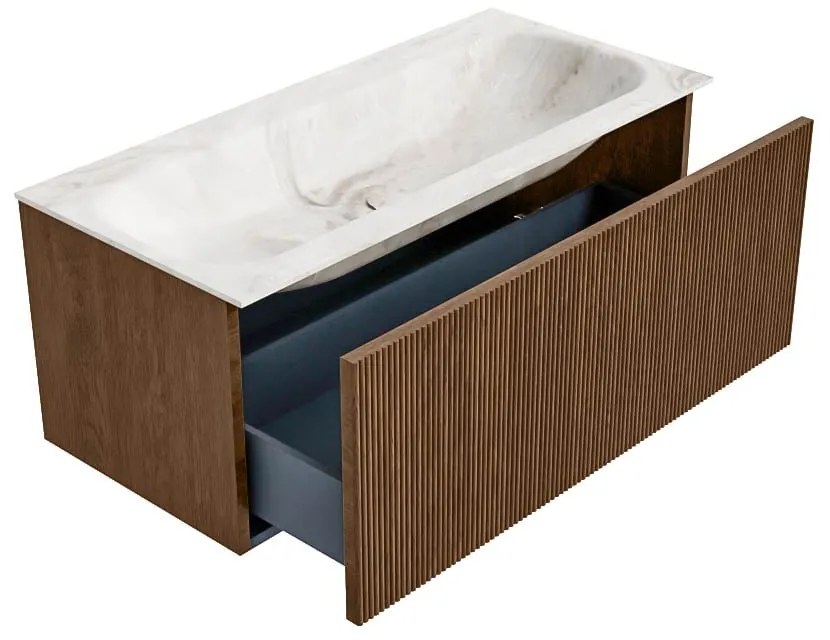 Mondiaz Kurve-dlux 100cm badmeubel walnut met 1 lade en wastafel big medium midden zonder kraangat frappe