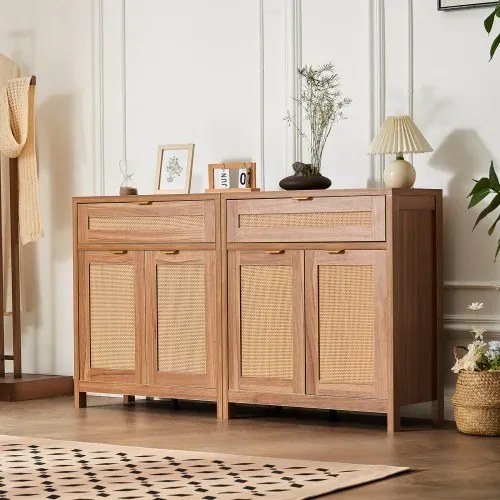 VEVOR Rotan kast Rotan ladekast 2-delige opbergkast met 4 magnetische deuren en 2 lades, dressoirkast met verstelbare planken, ideaal voor hal, entree, woonkamer