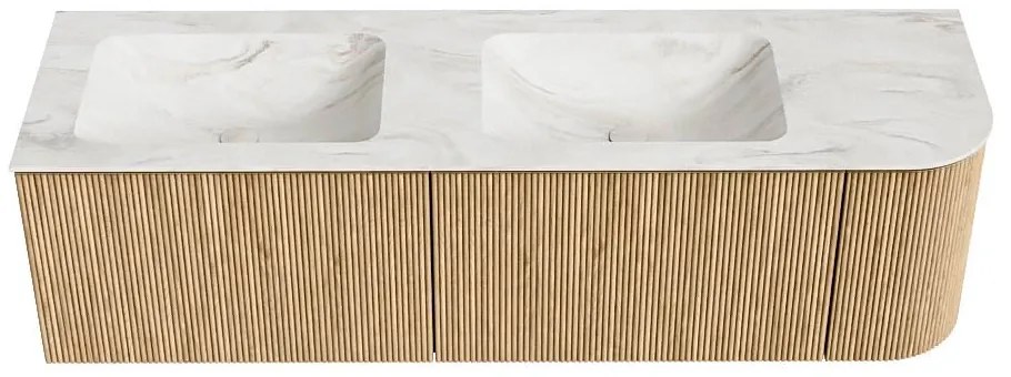 Mondiaz Kurve-dlux 155cm badmeubel ronding rechts oak met 2 lades en 1 deur en wastafel leaf dubbel/links 2 kraangaten ostra