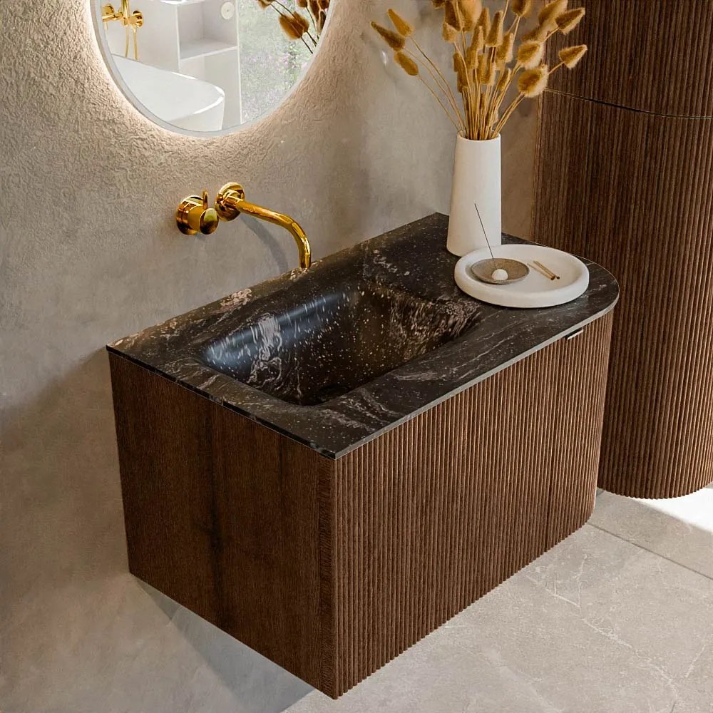 Mondiaz Kurve-dlux 75cm badmeubel ronding rechts walnut met 1 lade en deur en wastafel grunne links zonder kraangat lava