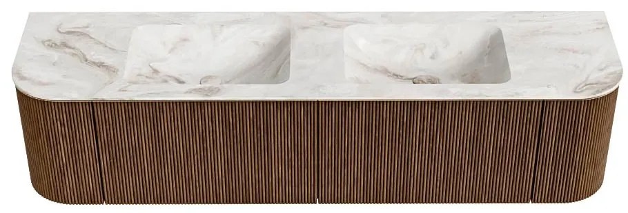 Mondiaz Kurve-dlux 180cm badmeubel ronding links/rechts walnut met 2 lades en deuren en wastafel leaf dubbel zonder kraangat frappe
