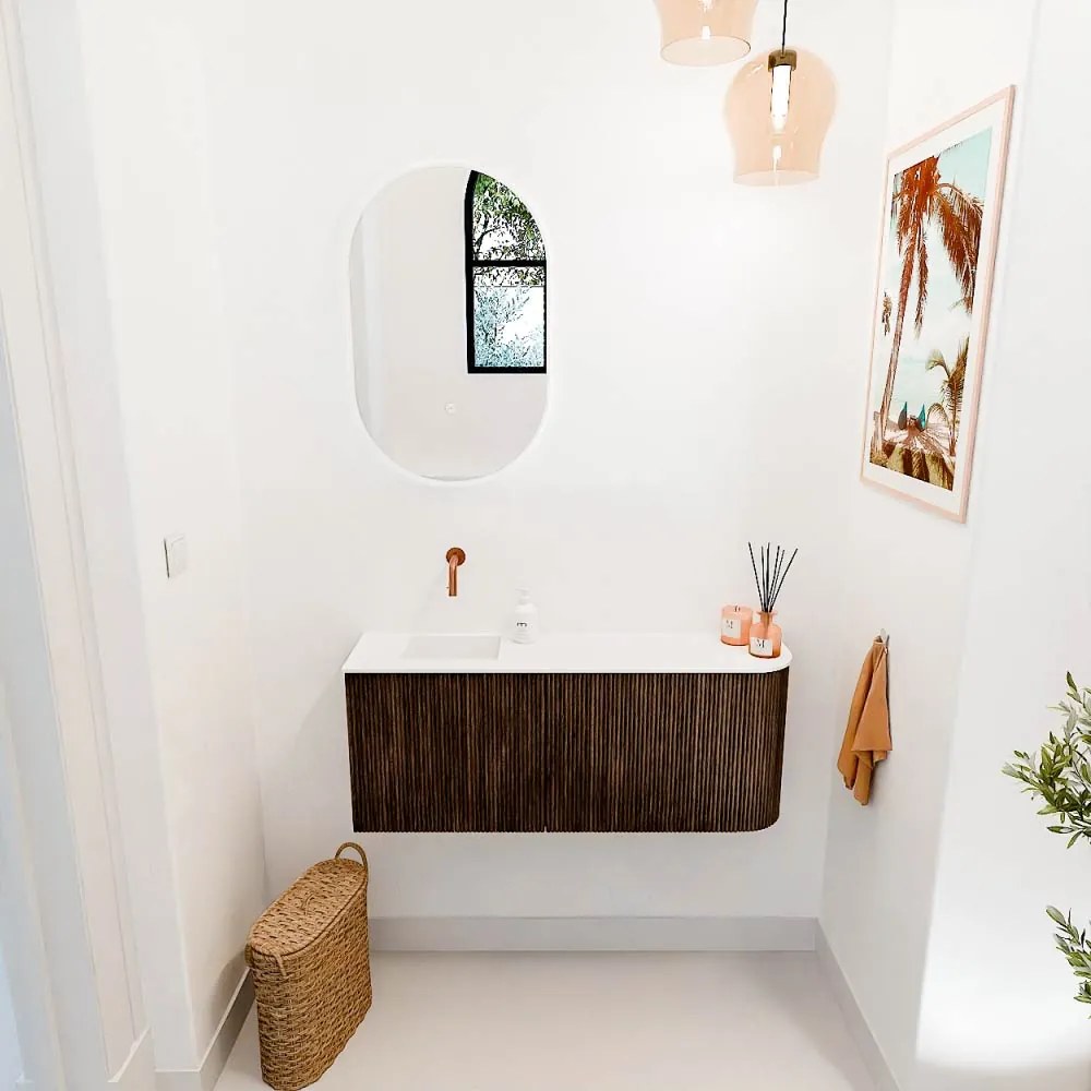 Mondiaz Joya 100cm toiletmeubel ronding rechts walnut met wastafel faye links zonder kraangat talc