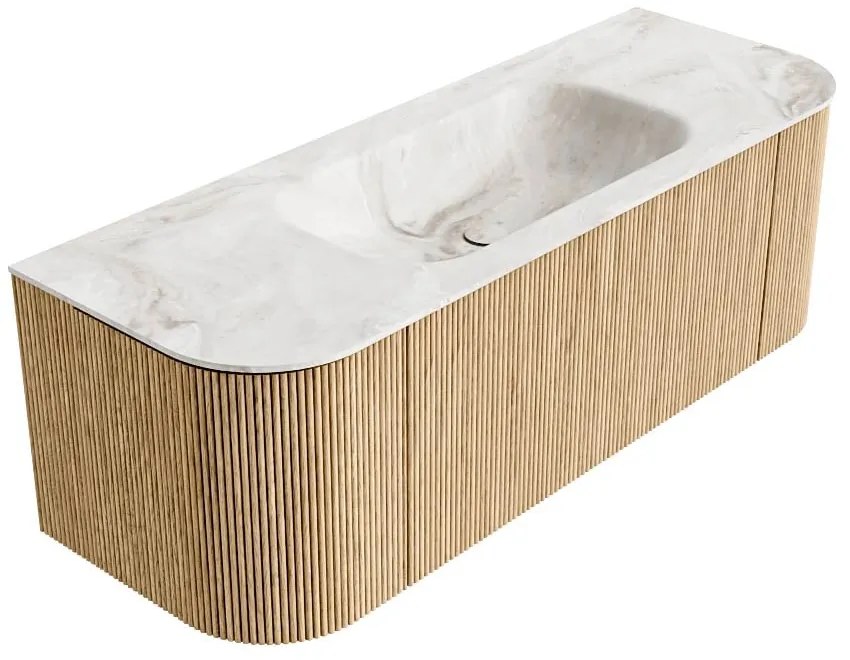 Mondiaz Kurve-dlux 130cm badmeubel ronding links/rechts oak met 1 lade en 2 deuren en wastafel big small midden 1 kraangat frappe