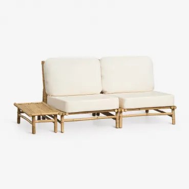 Tuinset Met 2-delige Modulaire Bank En Rechthoekige Bijzettafel 75x40 Cm Van Bamboe Isendra Stof Wit - Sklum