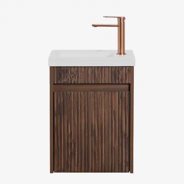 Narek Zwevend Houten Badkamermeubelset Met Geïntegreerde Wastafel Spiegelloze & Donker Hout & Roségoud Geborsteld ↑20 Cm Met Afvoerkraan Zonder Overlo