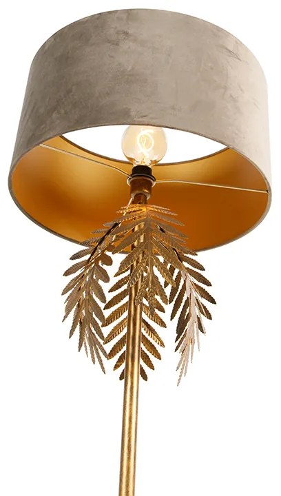 Vintage vloerlamp goud 145 cm met velours kap taupe 50 cm - Botanica