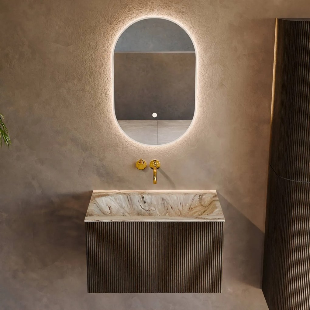 Mondiaz Kurve-dlux 70cm badmeubel shadow met 1 lade en wastafel big small midden zonder kraangat glace