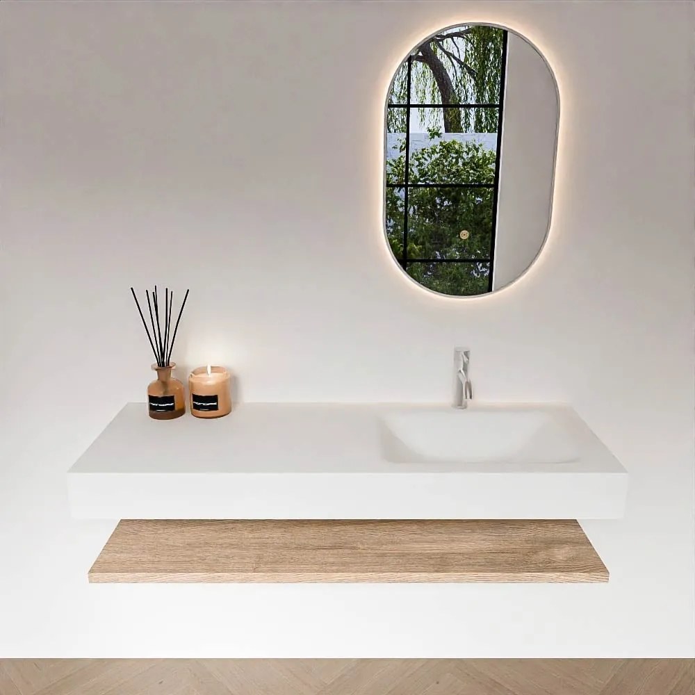 Zaro Alan badmeubel 130cm met planchet washed oak en vrijhangende wastafel cloud rechts 1 kraangat talc