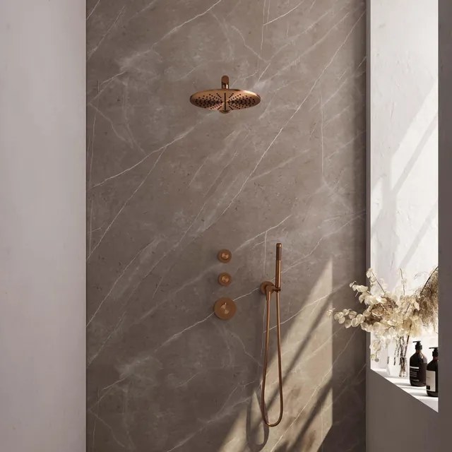 Brauer Copper Edition Regendoucheset inbouw - hoofddouche 30cm - 3 gladde knoppen - rechte wandarm - handdouche staaf 1 stand - PVD - geborsteld koper 5-GK-026