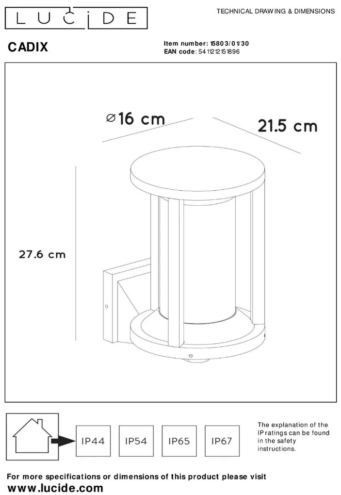 Lucide Cadix wandlamp 15W 28x22cm zwart