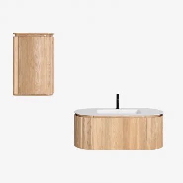 Conjunto Vaniteitmeubel 120x50 Cm Zwevend In Hout Met Geïntegreerde Wasbak Carsone Natuurlijk Hout & Natuurlijk Hout & Spiegelloze & Mat Zwart ↑20 Cm