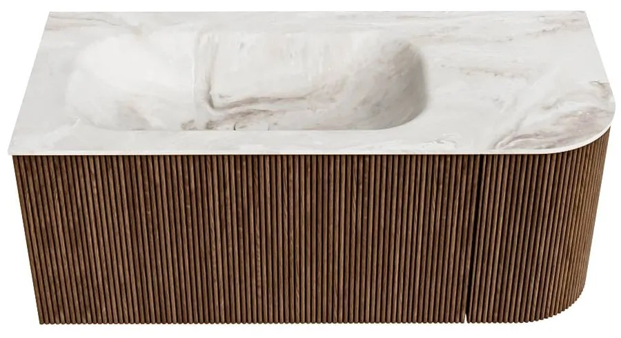 Mondiaz Kurve-dlux 105cm badmeubel ronding rechts walnut met 1 lade en deur en wastafel big small kraangat links frappe