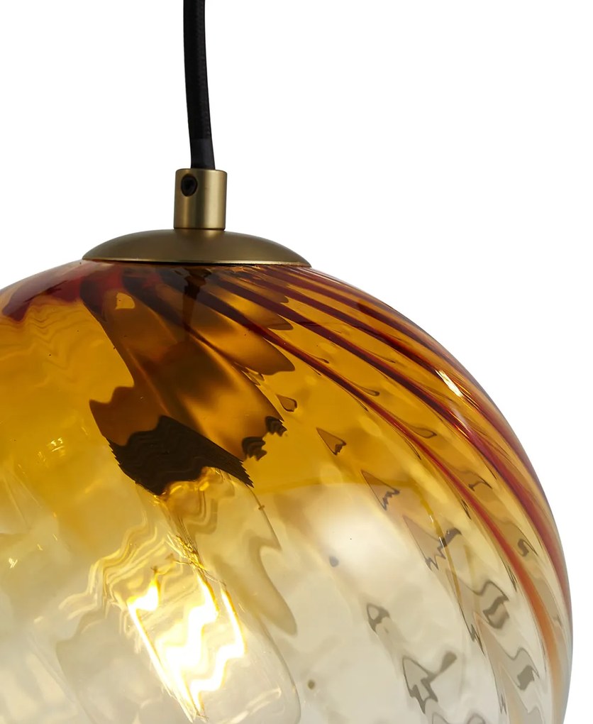 Hanglamp brons met smoke amber en groen glas langwerpig 4-lichts - Bao