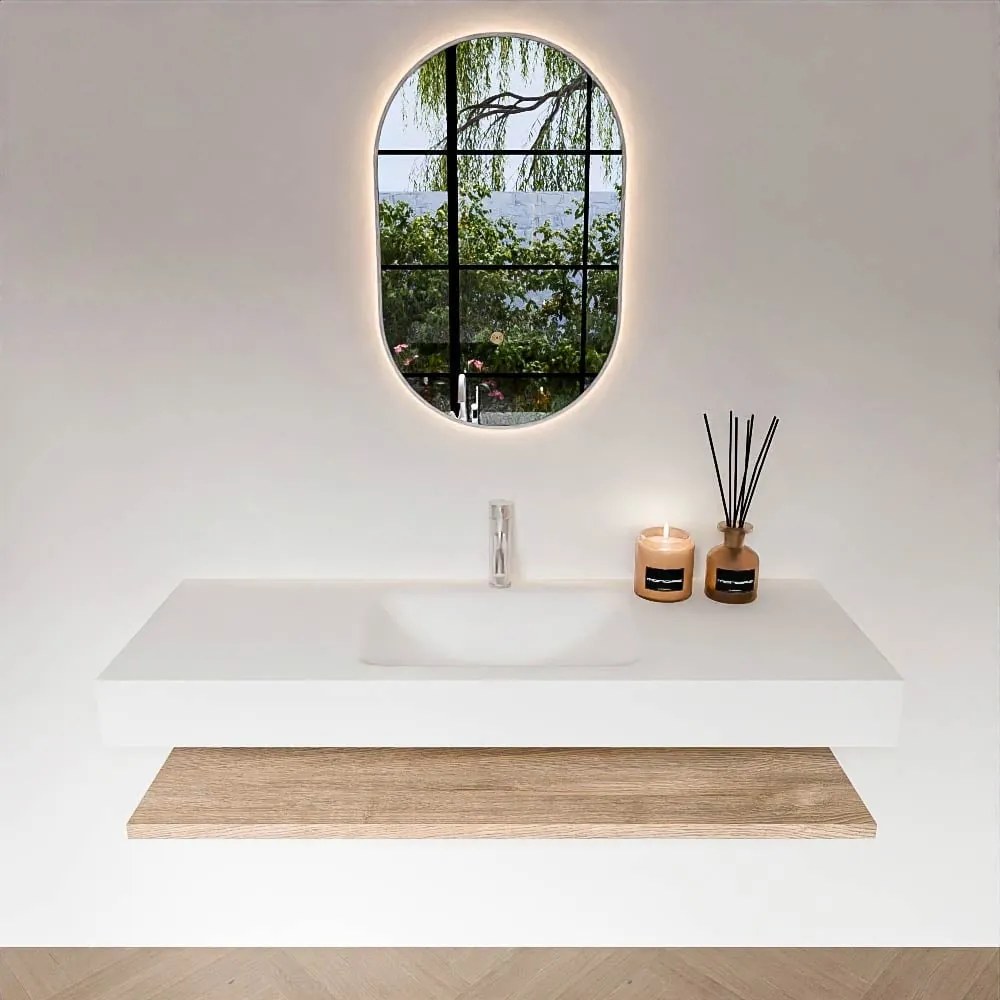 Zaro Alan badmeubel 130cm met planchet washed oak en vrijhangende wastafel cloud midden 1 kraangat talc