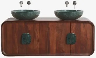 Dubbel Zwevend Badkamermeubelset 130x45 Cm Van Mangohout En Natuurlijke Kivalina-steen Groen Marmer Uit Udaipur - Donker Mangohout & 2 X Onde Groene -