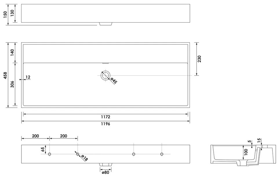 Brauer Gravity enkele wastafel mineraalmarmer 120cm zonder kraangat wit glans