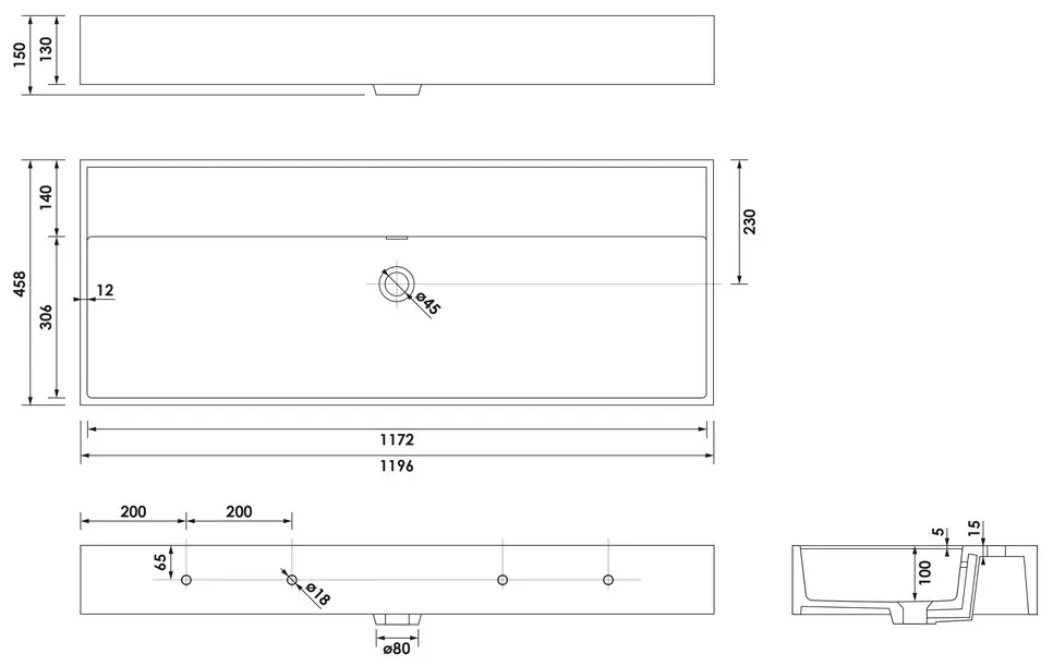 Brauer Gravity enkele wastafel mineraalmarmer 120cm zonder kraangat wit glans
