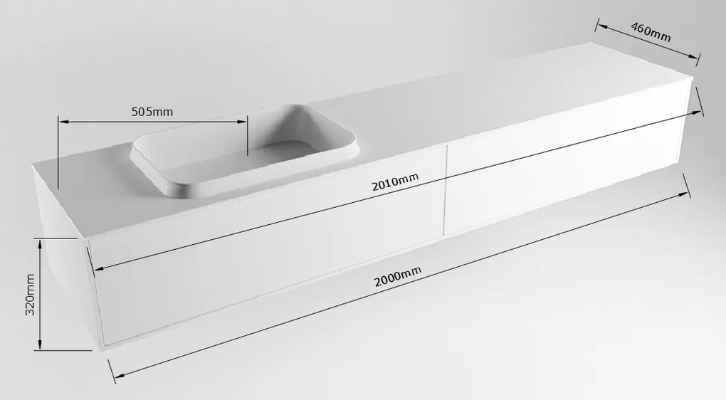 Mondiaz Erin 200cm badmeubel Fire met 2 lades en witte wastafel links zonder kraangaten