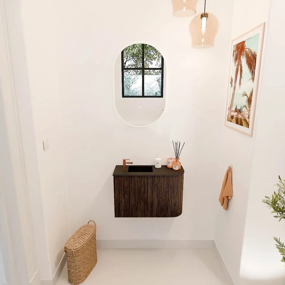 Mondiaz Joya 60cm toiletmeubel ronding rechts walnut met wastafel faye links 1 kraangat urban