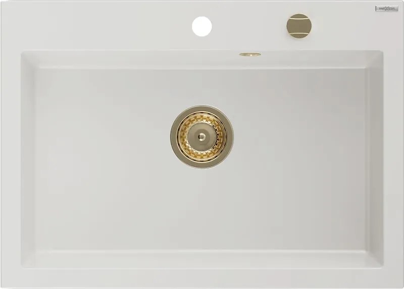 Mexen Elix granieten spoelbak 1-komerig 700 x 500 mm, wit, gouden sifon - 6526701005-20-G