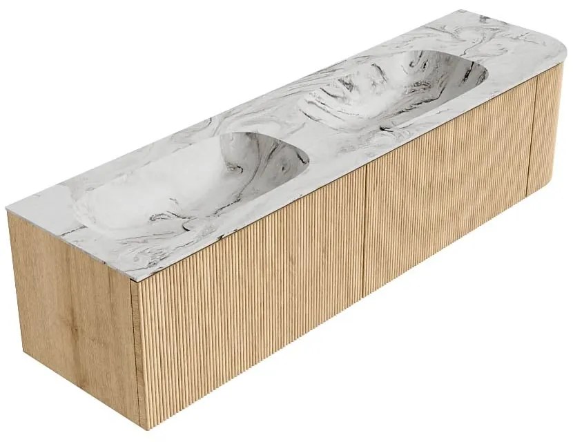 Mondiaz Kurve-dlux 175cm badmeubel ronding rechts oak met 2 lades en 1 deur en wastafel stor small dubbel/links 2 kraangaten glace