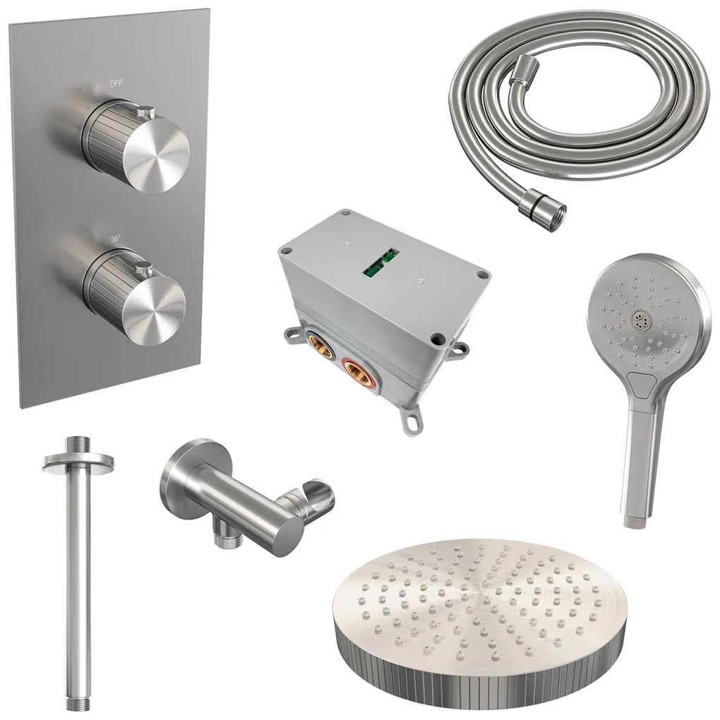 Brauer Stripe inbouw regendouche met 25cm hoofddouche, plafondarm en 3 standen handdouche set 18 RVS geborsteld PVD