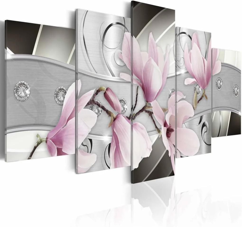 Schilderij - Stalen Magnolia , grijs roze , staal look , 5 luik