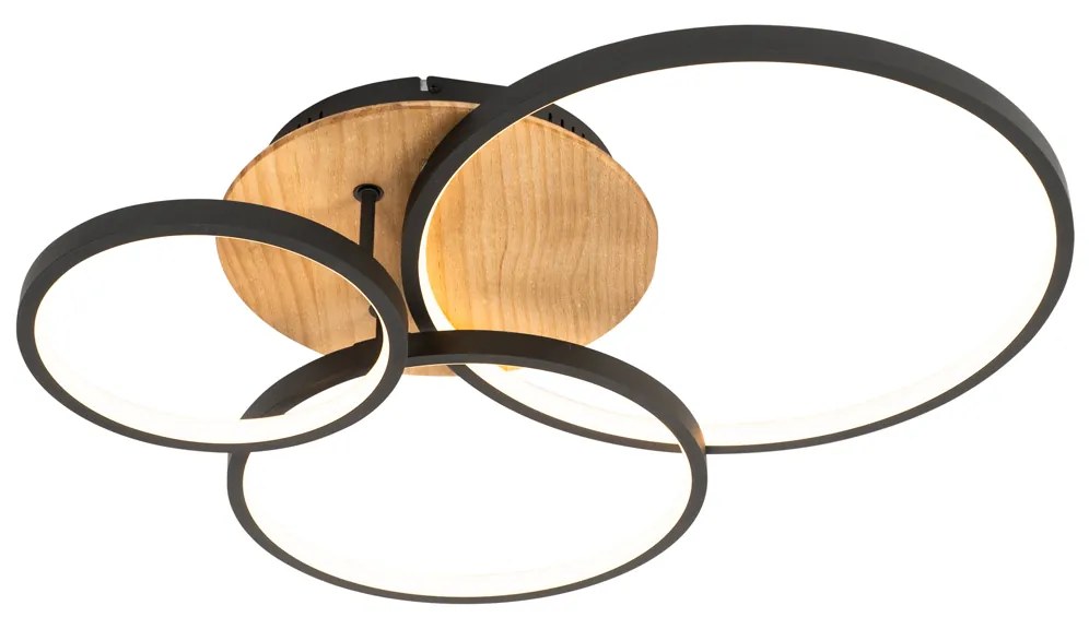 Plafondlamp zwart met hout incl. LED 3-staps dimbaar 3-lichts - Alec