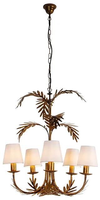 kroonluchter goud met met linen klemkappen wit 5-lichts - Botanica Landelijk E14 Binnenverlichting Lamp