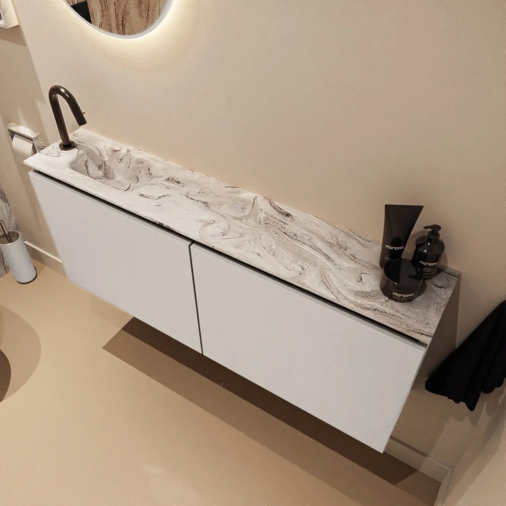 Mondiaz Ture DLux toiletmeubel 120cm linen met wastafel glace links met kraangat